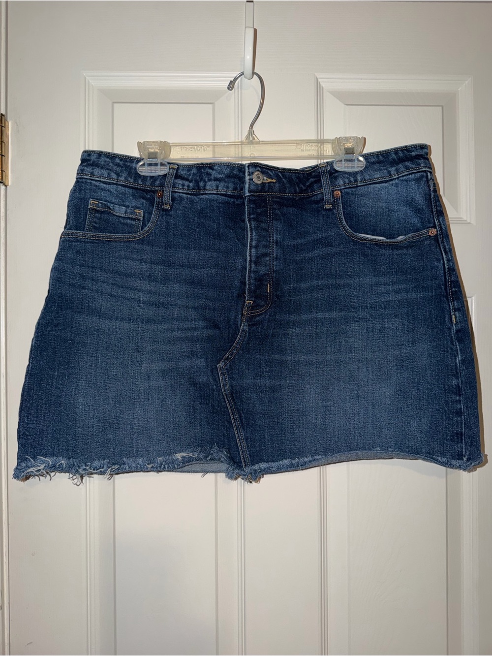Old Navy Button Fly High Rise Dark Blue Denim Mini Skirt with Raw Hem